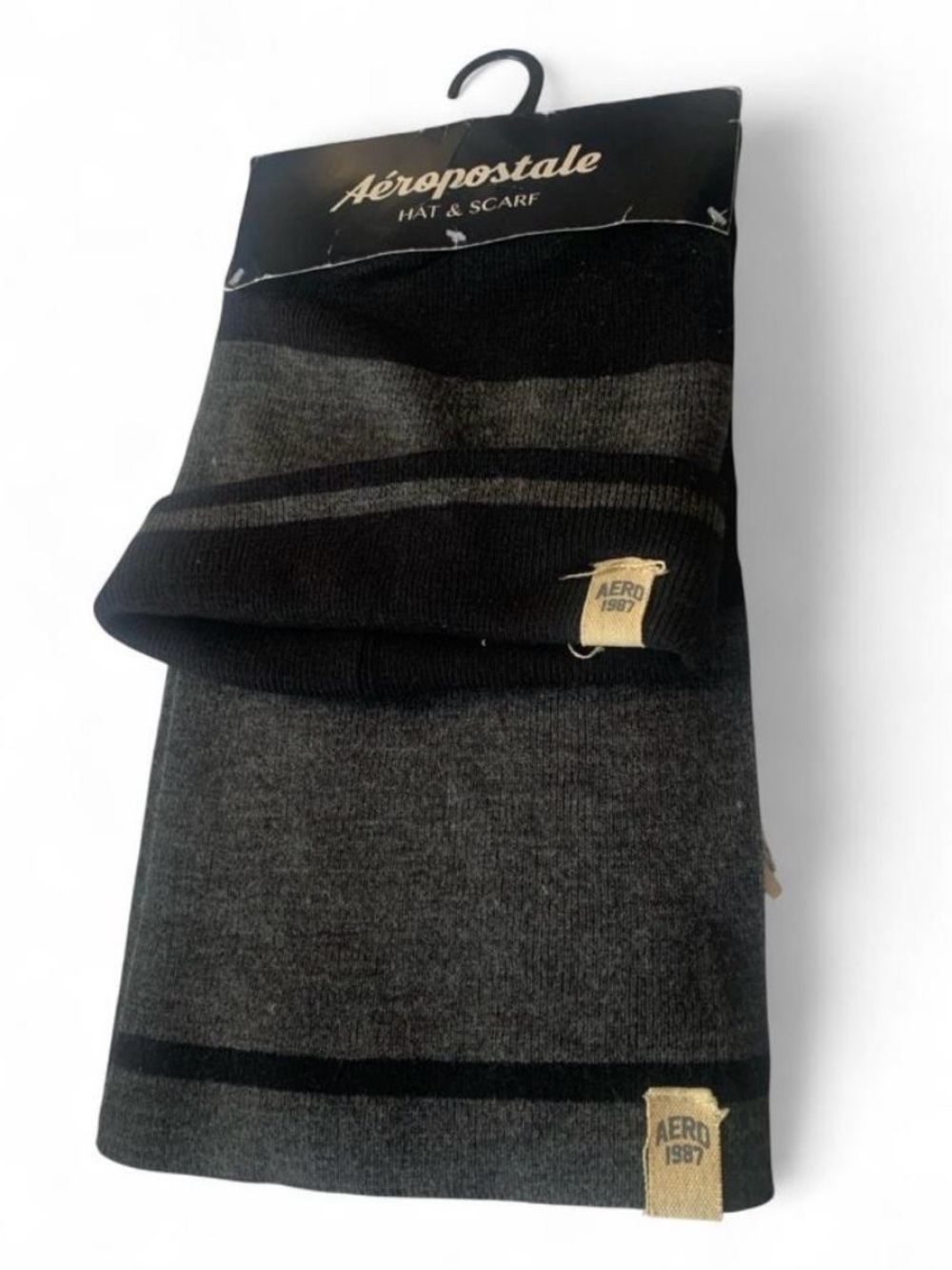 💕Aeropostale winter beanie hat and scarf set gray black unisex one size adult